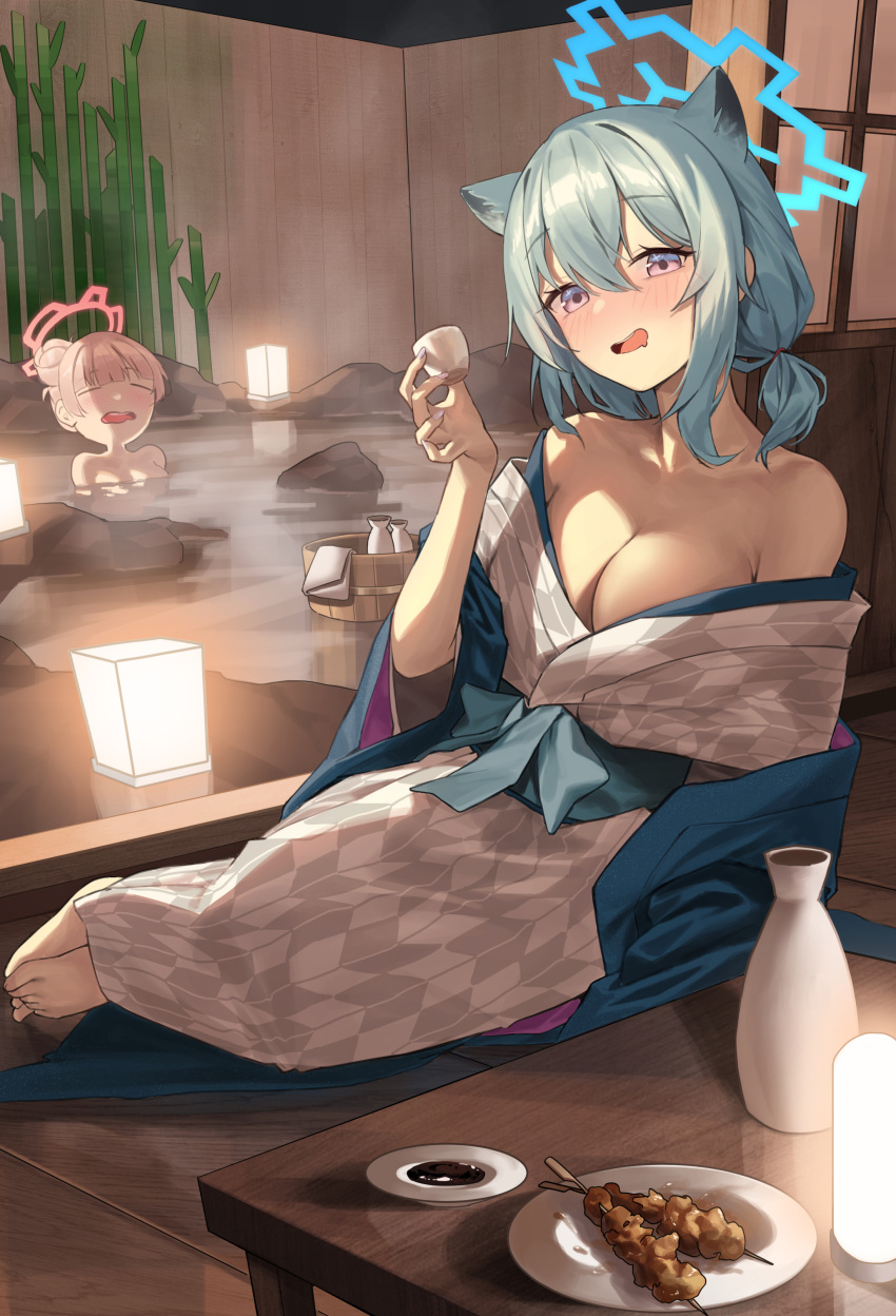 2girls absurdres animal_ears bath_yukata bathing blonde_hair blue_archive blue_halo blush breasts cleavage collarbone drooling drunk food green_hair hair_between_eyes hair_bun halo highres holding japanese_clothes kimono large_breasts looking_at_viewer mansu_(user_pnmp4287) medium_hair mouth_drool multiple_girls nodoka_(blue_archive) nodoka_(hot_spring)_(blue_archive) obi official_alternate_costume onsen open_mouth pink_halo purple_eyes sash shigure_(blue_archive) shigure_(hot_spring)_(blue_archive) single_hair_bun tail water weasel_ears weasel_tail wide_sleeves yakitori yukata