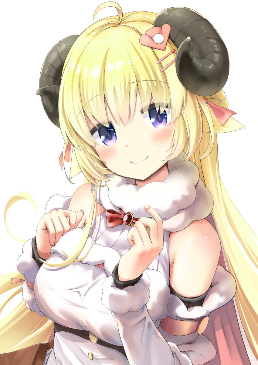 1girl absurdres ahoge animal_ears black_shorts blonde_hair blush bow bowtie braid breasts brooch cape closed_mouth commentary_request detached_sleeves dress empire_waist fingernails fur-trimmed_cape fur-trimmed_sleeves fur_trim hair_ornament hairclip half_updo highres hololive horns jewelry long_hair looking_at_viewer medium_breasts n2midori pink_cape purple_eyes red_bow red_bowtie sheep_ears sheep_girl sheep_horns shorts simple_background smile solo taut_clothes taut_dress tsunomaki_watame underbust upper_body very_long_hair virtual_youtuber white_background white_dress
