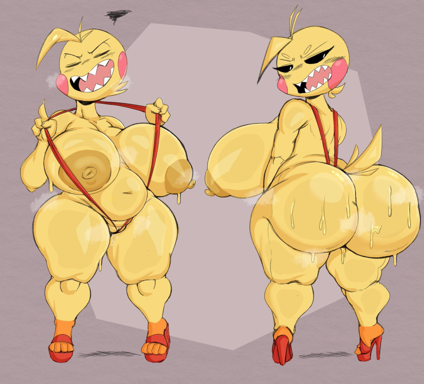 animatronic anthro areola avian beakless big_breasts big_butt bikini bird black_sclera bodily_fluids breasts butt chicken clothing eyes_closed feathers female five_nights_at_freddy's five_nights_at_freddy's_2 footwear galliform gallus_(genus) genitals hi_res high_heels huge_breasts huge_butt ineffective_clothing leg_markings looking_back machine markings navel nipples non-mammal_breasts open_mouth phasianid purple_yoshi_draws pussy robot scottgames sharp_teeth side_boob slightly_chubby sling_bikini socks_(marking) solo sweat sweaty_butt swimwear tail_feathers teeth thick_thighs toy_chica_(fnaf) white_eyes wide_hips yellow_areola yellow_body yellow_nipples