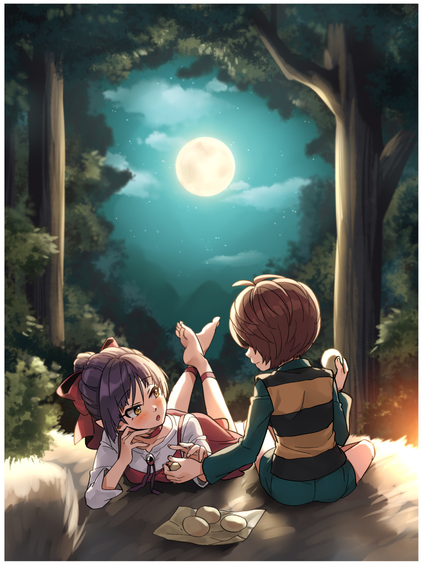 1girl absurdres ankle_ribbon aqua_shorts barefoot border bow breasts brown_hair choker collarbone dress food forest from_behind full_moon gegege_no_kitarou hair_bow highres indian_style kitarou leg_ribbon legs_up long_sleeves looking_at_another lying moon nature nekomusume nekomusume_(gegege_no_kitarou_6) night on_stomach open_mouth outdoors pinafore_dress profile purple_hair purple_ribbon red_bow red_choker red_dress red_ribbon ribbon shirt short_dress short_hair short_shorts shorts silanduqiaocui sitting sleeveless sleeveless_dress soles the_pose toes white_border white_shirt yellow_eyes