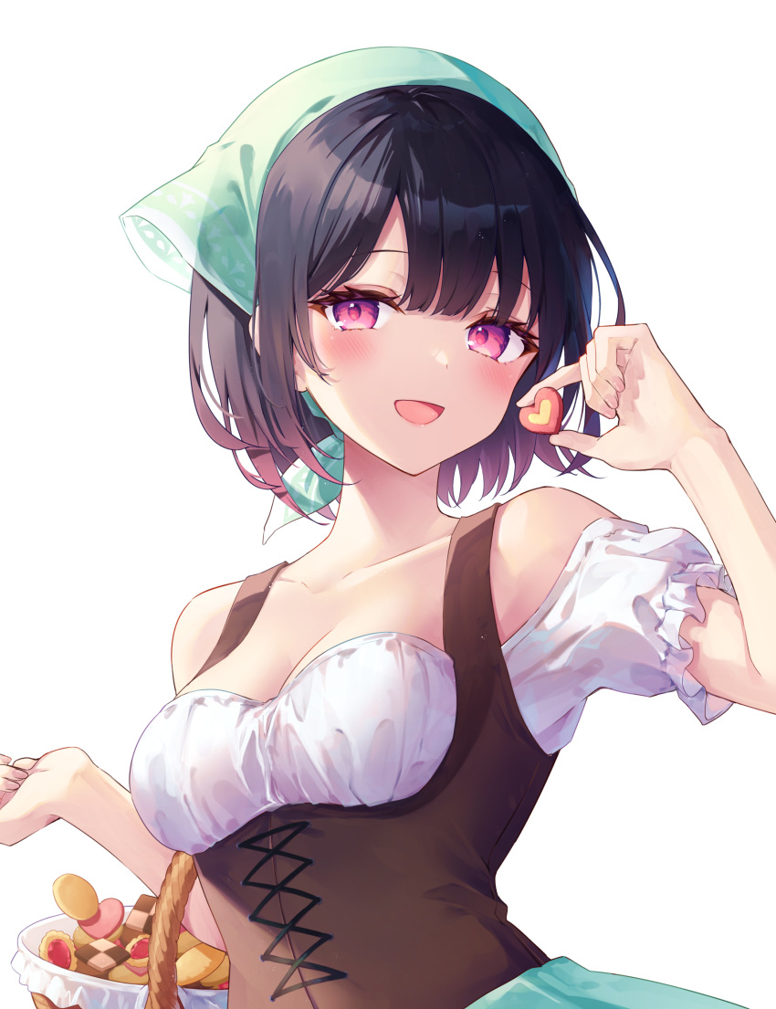 1girl absurdres bare_shoulders black_hair blush breasts commentary_request cookie corset dress food hair_ornament highres holding holding_cookie holding_food looking_at_viewer medium_breasts off-shoulder_shirt off_shoulder open_mouth red_eyes satou_koharu shio_taiou_no_satou-san_ga_ore_ni_dake_amai shirt short_hair simple_background smile solo tetsu_tissue white_background