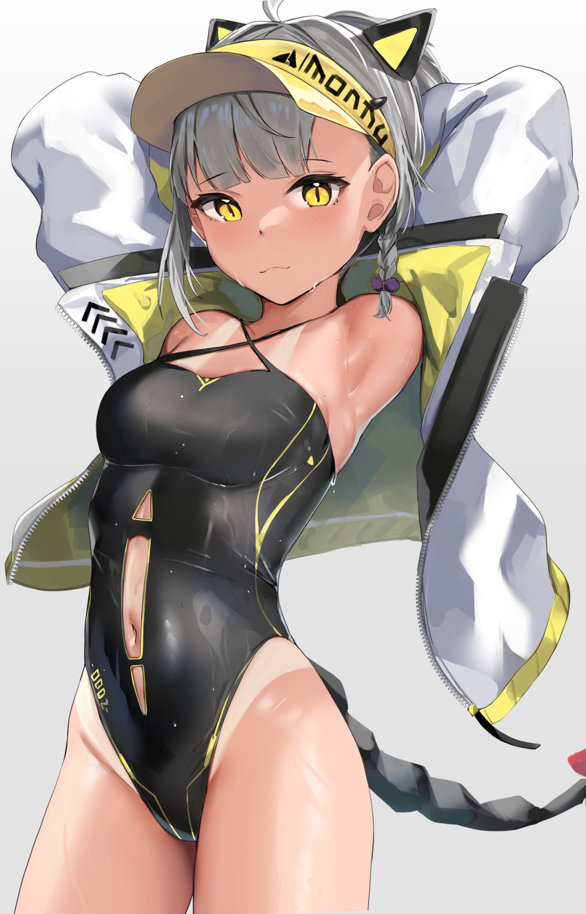 1girl absurdres armpits arms_behind_head blunt_bangs braid breasts clothing_cutout english_commentary french_braid grey_hair headgear highleg highleg_swimsuit highres indie_virtual_youtuber jacket looking_at_viewer mechanical_tail medium_breasts navel navel_cutout one-piece_swimsuit open_clothes open_jacket reiny_(vtuber) simple_background skai_kun solo swimsuit tail tan tanlines virtual_youtuber visor_cap wet white_background white_jacket yellow_eyes zipper