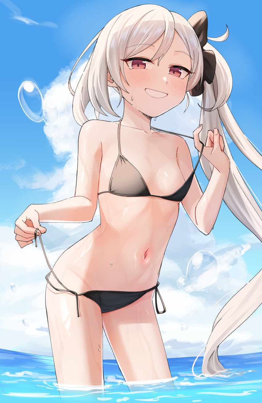 1girl absurdres araman ass_visible_through_thighs bare_arms bare_shoulders bikini black_bikini black_ribbon blue_archive blue_sky blush breasts closed_mouth cloud collarbone cowboy_shot day grin groin hair_between_eyes hair_ribbon highres long_hair looking_at_viewer mutsuki_(blue_archive) navel open_mouth outdoors red_eyes ribbon sky small_breasts smile solo standing stomach string_bikini swimsuit twintails very_long_hair wading water wet white_hair