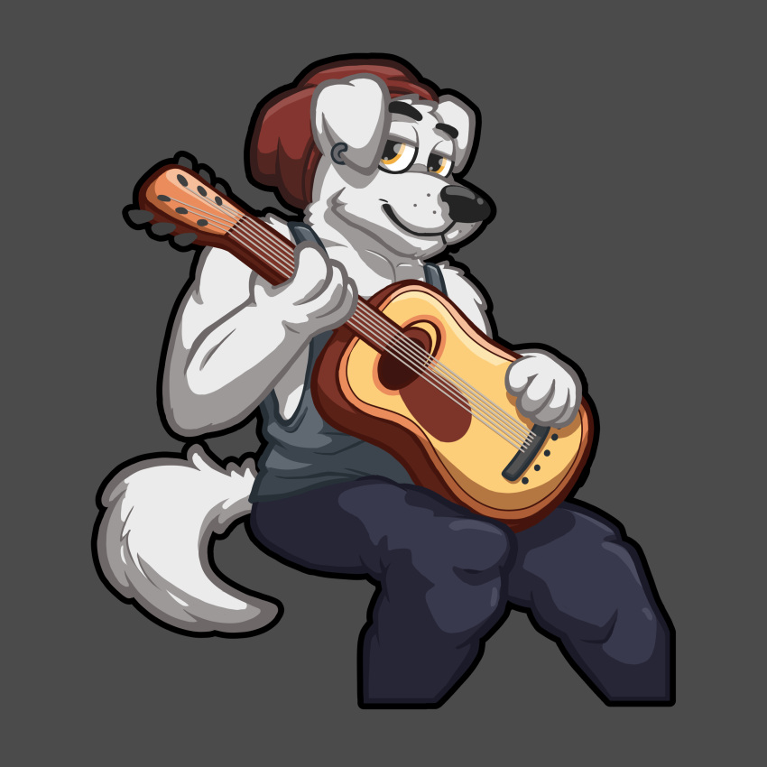 absurd_res amber_eyes animal_crossing anthro baggy_pants beanie bottomwear canid canine canis cel_shading closed_smile clothing domestic_dog ear_piercing fluffy fur guitar hat headgear headwear hi_res holding_guitar holding_object k.k._slider looking_at_viewer luhrak male mammal mouth_closed muscular musical_instrument nintendo outline pants piercing plucked_string_instrument shaded shirt simple_background sitting smile solo string_instrument tail tank_top topwear white_body white_ears white_fur white_tail