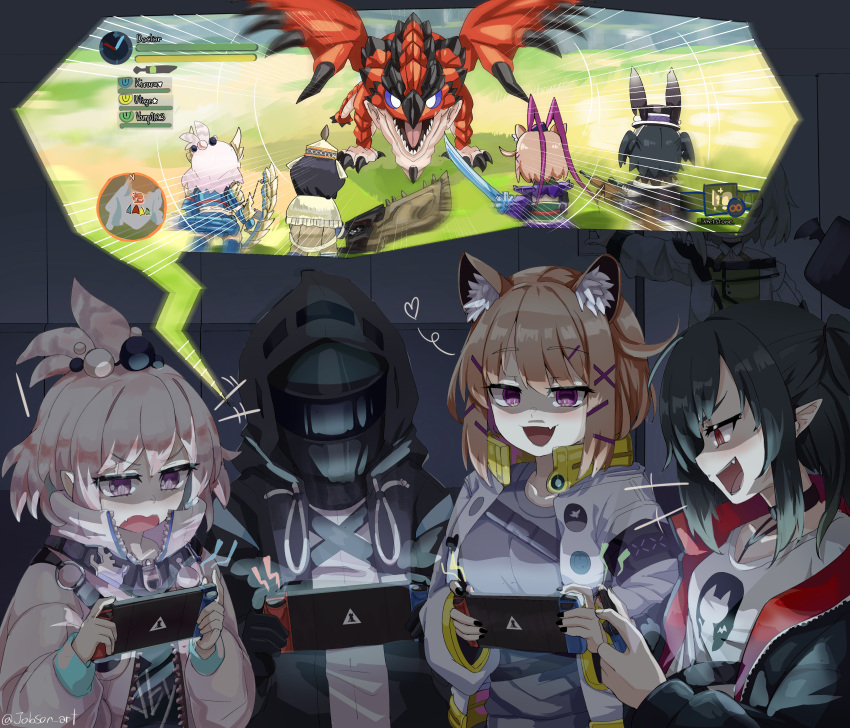 1other 4girls absurdres animal_ear_fluff animal_ears arknights battle black_hair black_jacket black_nails brown_hair cat_ears closure_(arknights) commentary doctor_(arknights) dragon fang handheld_game_console heart heart-shaped_pupils highres holding holding_handheld_game_console indoors jacket kal'tsit_(arknights) kirara_(arknights) monster_hunter_(series) multiple_girls nintendo_switch open_mouth pink_jacket playing_games pointy_ears purple_eyes rathalos red_eyes rhodes_island_logo short_hair skin_fang sleepyowl_(jobkung15) symbol-shaped_pupils utage_(arknights)