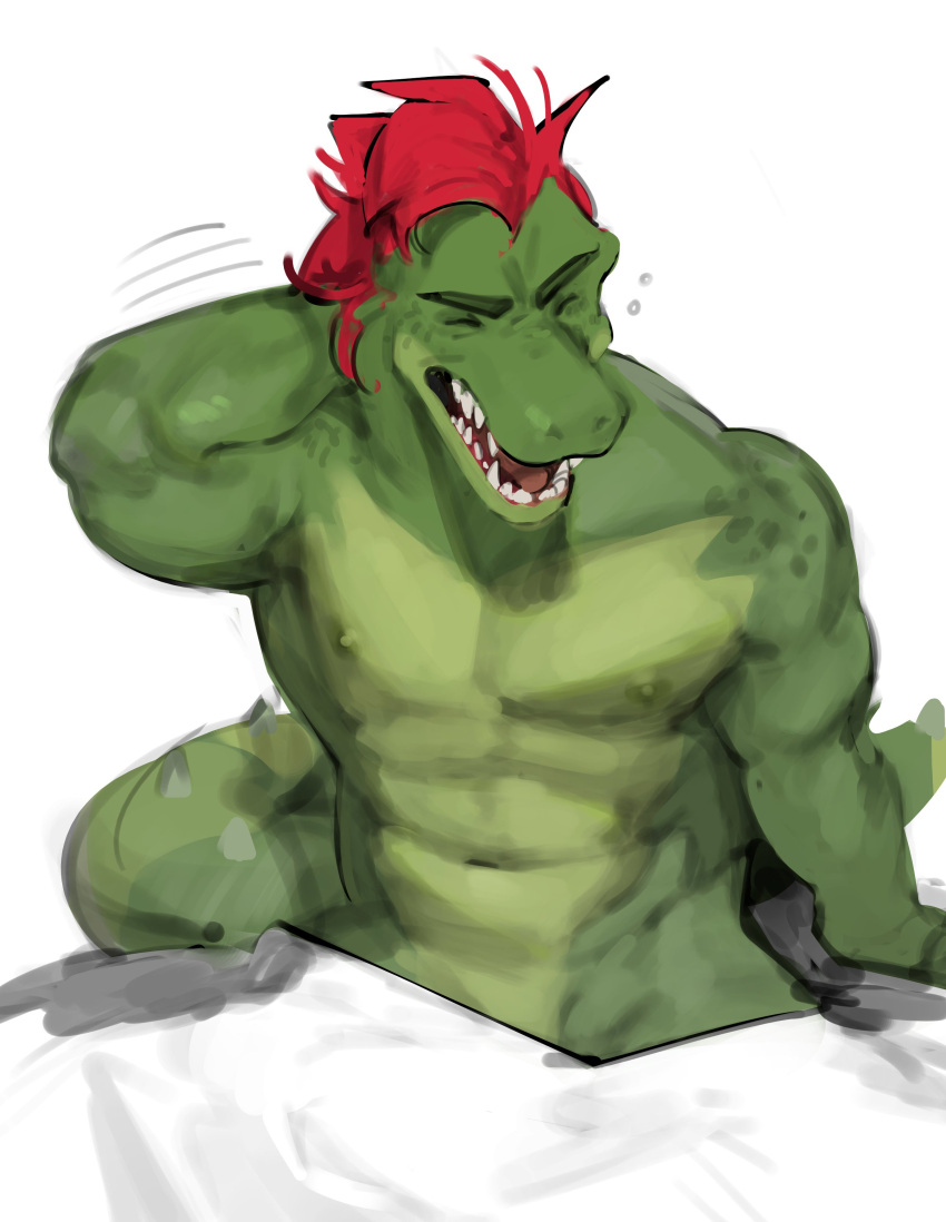 2023 abs absurd_res alligator alligatorid anthro athletic athletic_anthro athletic_male barazoku bed bed_sheet bedding biceps big_muscles big_pecs clothed_ambiguous colored crocodile crocodilian crocodylid digital_media_(artwork) fangs five_nights_at_freddy's five_nights_at_freddy's:_security_breach furniture green_body hair hi_res kogito long_tail male montgomery_gator_(fnaf) multicolored_body muscular muscular_anthro muscular_male nipples no_pubes on_bed open_mouth pecs red_hair reptile scalie scottgames shaded shadow sharp_teeth shirtless_male simple_background snout soft_shading solo spots steel_wool_studios tail teeth thick_tail tongue triceps waking_up white_background yawn