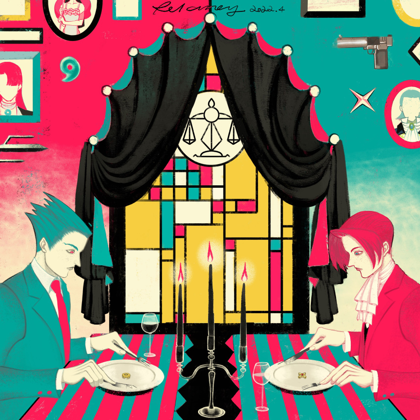 2boys absurdres ace_attorney ascot balance_scale buttoned_cuffs candlestand collared_shirt cup curtains dahlia_hawthorne drinking_glass fork from_side gun highres holding holding_fork holding_knife jacket knife limited_palette long_sleeves looking_down magatama male_focus manfred_von_karma mia_fey miles_edgeworth multiple_boys necktie phoenix_wright picture_frame portrait_(object) relanoy shirt short_hair spiked_hair stained_glass table upper_body weapon weighing_scale window wine_glass