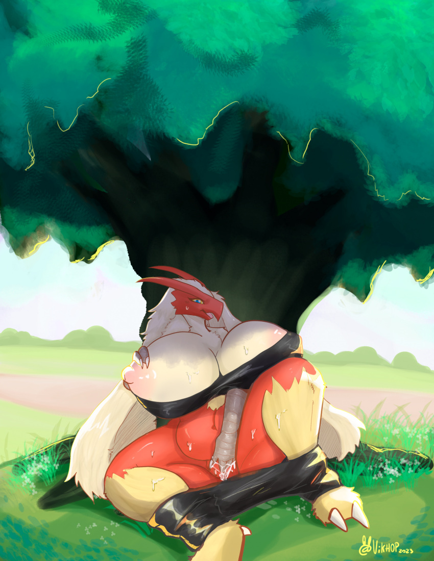 anthro big_breasts blaziken breasts female fingering fingering_self generation_3_pokemon hi_res holding_breast huge_breasts masturbation nintendo outside plant pokemon pokemon_(species) solo tree vaginal vaginal_masturbation vikhop