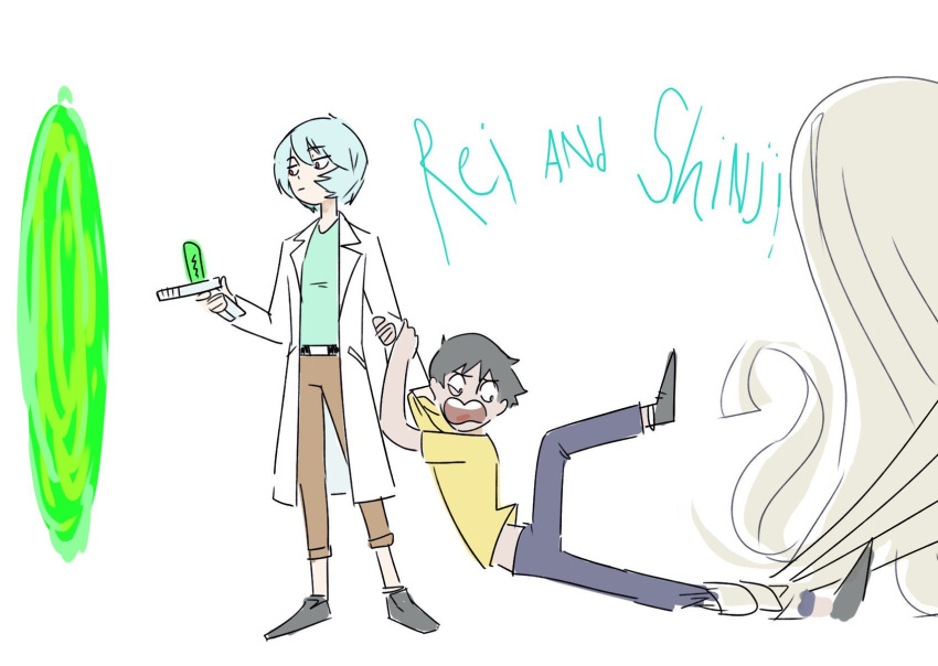 1boy 1girl 1other artist_request ayanami_rei belt blue_hair cosplay highres ikari_shinji lab_coat morty_smith morty_smith_(cosplay) neon_genesis_evangelion open_mouth portal_gun_(rick_and_morty) rick_and_morty rick_sanchez rick_sanchez_(cosplay) science_fiction shirt short_hair simple_background third-party_source white_background yellow_shirt