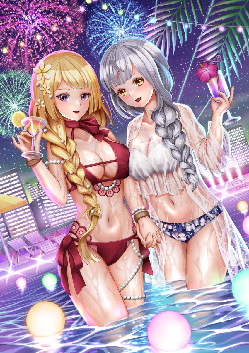 2girls aerial_fireworks arm_at_side assault_lily asymmetrical_docking bangle bare_arms bare_shoulders bikini blonde_hair blue_bikini blunt_bangs bracelet braid braided_ponytail breast_press breasts building chair city cleavage cocktail cocktail_glass collarbone commentary_request cowboy_shot cup drinking_glass drinking_straw fingernails fireworks floral_print flower food frilled_bikini frills fruit gem grey_hair hair_flower hair_ornament hair_over_shoulder halterneck hand_up hibiscus highres holding holding_cup holding_hands hurricane_glass imai_tomohiro interlocked_fingers jewelry kon_kanaho large_breasts lemon lemon_slice light_blush long_hair long_sleeves looking_at_viewer lounge_chair low_ponytail mismatched_bikini miyagawa_takane multiple_girls navel night night_sky official_alternate_costume official_alternate_hairstyle open_clothes open_shirt outdoors parasol parted_lips pearl_(gemstone) pearl_bracelet pearl_hair_ornament pink_flower pool pool_ladder print_bikini purple_eyes red_bikini revision ring see-through see-through_shirt shirt side-by-side side-tie_bikini_bottom side_ponytail single_braid sky smile sparkle standing stomach string_of_light_bulbs swimsuit swimsuit_cover-up thighlet umbrella very_long_hair wading water wet wet_clothes wet_shirt white_bikini yellow_eyes yellow_flower