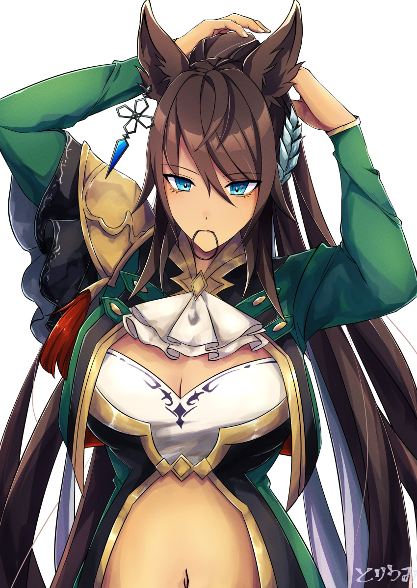 1girl absurdres animal_ears arms_up ascot bandeau blue_eyes breasts brown_hair cleavage commentary_request dark-skinned_female dark_skin ear_ornament earrings green_jacket hair_between_eyes hair_ornament hair_tie_in_mouth highres horse_ears horse_girl jacket jewelry large_breasts long_hair long_sleeves mouth_hold navel open_clothes open_jacket sidelocks signature simple_background single_earring single_shoulder_pad solo standing stomach symboli_kris_s_(umamusume) toriumi_(fioripera14) tying_hair umamusume white_ascot white_background white_bandeau