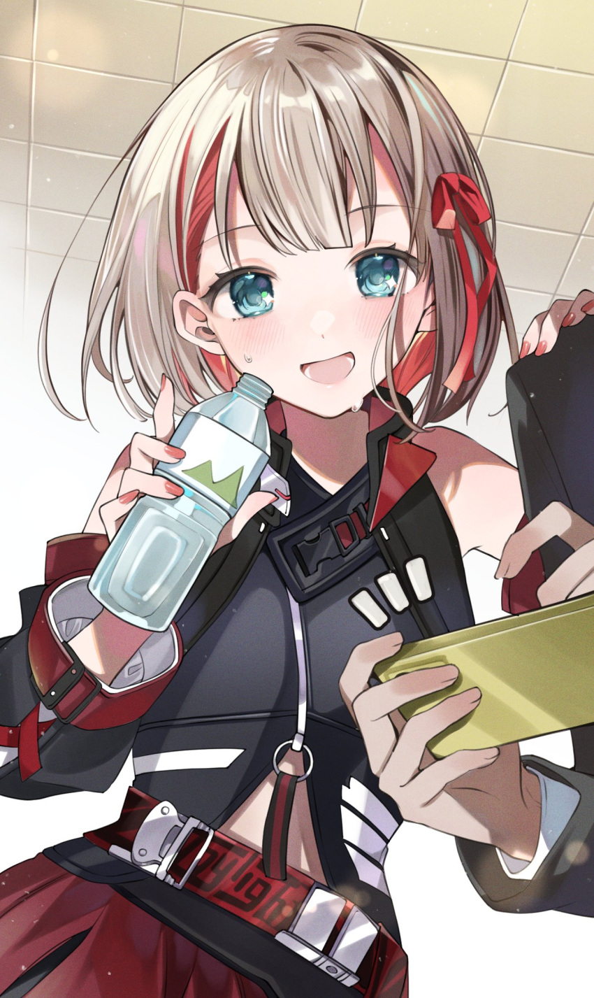 1boy 1girl bare_shoulders belt black_jacket black_sleeves black_suit blue_eyes blush bottle bow breasts ceiling cellphone detached_sleeves dot_nose grey_hair hair_bow hair_ribbon hand_on_another's_shoulder hands_up highres holding holding_bottle holding_phone idolmaster idolmaster_shiny_colors jacket long_sleeves looking_at_another midriff multicolored_hair nail_polish open_mouth phone pink_nails red_belt red_hair red_ribbon red_trim ribbon serizawa_asahi shirt short_hair shunka_tunacan sleeveless sleeveless_jacket small_breasts smartphone smile streaked_hair suit tile_ceiling tiles white_shirt zipper zipper_pull_tab