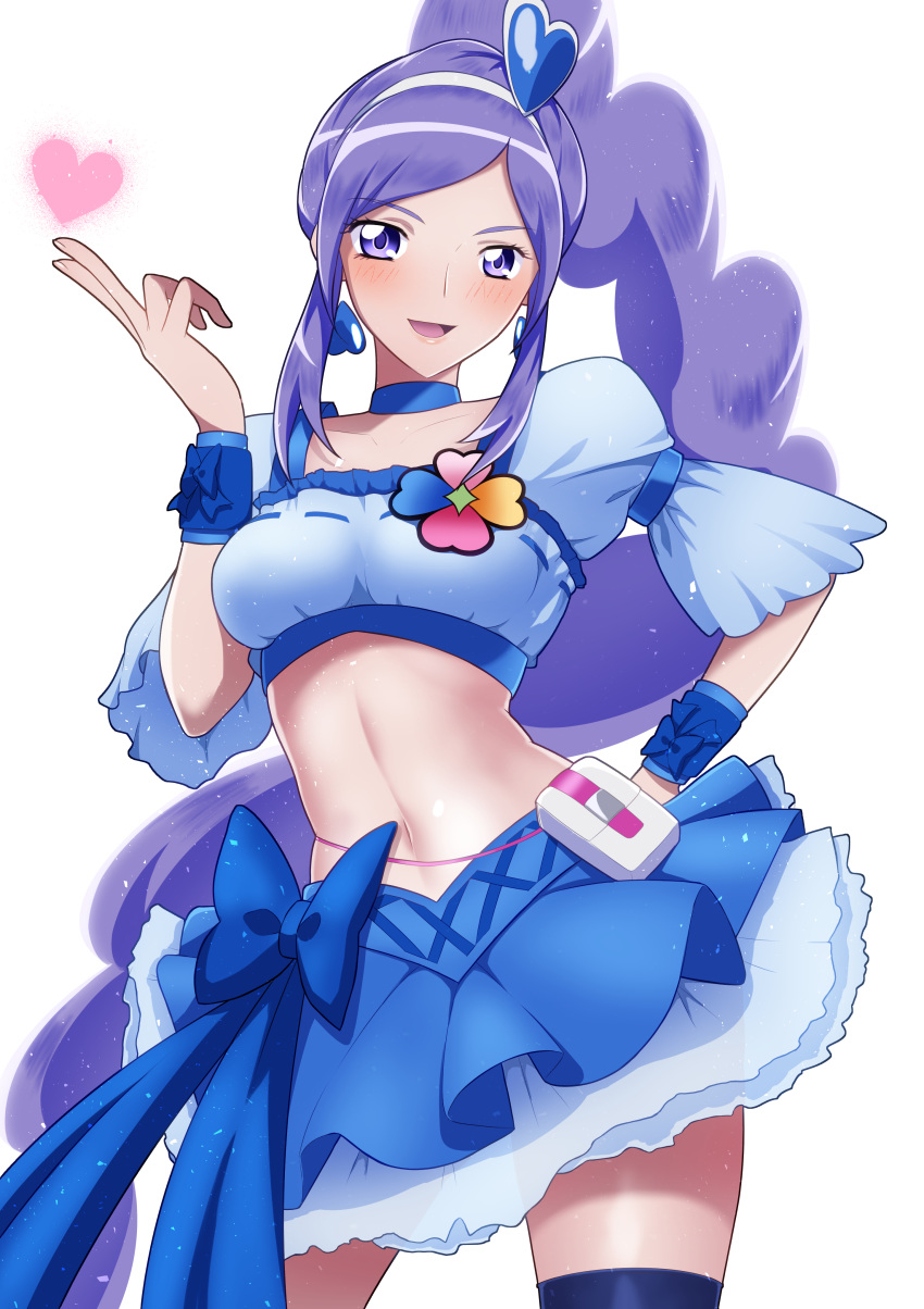 1girl absurdres aono_miki blue_choker blue_eyes blue_skirt bow breasts choker cure_berry earrings fresh_precure! hair_ornament hairband heart heart_hair_ornament highres jewelry long_hair magical_girl midriff navel on_kazu ponytail pouch precure purple_eyes purple_hair simple_background skirt small_breasts smile solo thighhighs white_background