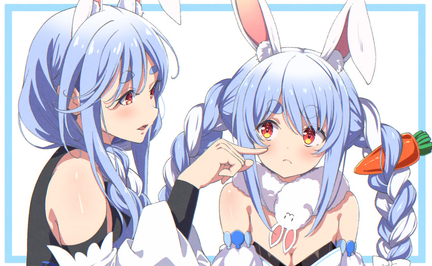 2girls animal_ear_fluff animal_ears bare_shoulders black_leotard black_shirt blue_hair braid breasts carrot carrot_hair_ornament cheek_poking cleavage coat_dress detached_sleeves don-chan_(usada_pekora) dress food-themed_hair_ornament fur_scarf hair_between_eyes hair_ornament highres hololive leotard long_hair looking_at_another mother_and_daughter multicolored_hair multiple_girls orange_eyes pekomama poking rabbit-shaped_pupils rabbit_ears rabbit_girl shirt short_eyebrows small_breasts strapless strapless_leotard symbol-shaped_pupils thick_eyebrows tomotomo_(awai) twin_braids two-tone_hair usada_pekora usada_pekora_(1st_costume) virtual_youtuber white_background white_dress white_hair