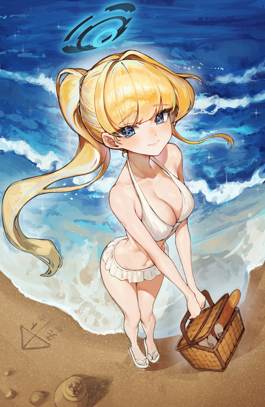 1girl absurdres alternate_costume alternate_hairstyle apopo basket beach bikini blonde_hair blue_archive blue_eyes blush breasts cleavage collarbone hair_intakes halo highres holding holding_basket long_hair looking_at_viewer medium_breasts outdoors picnic_basket ponytail sand_writing sandals smile solo swimsuit toki_(blue_archive) very_long_hair white_bikini