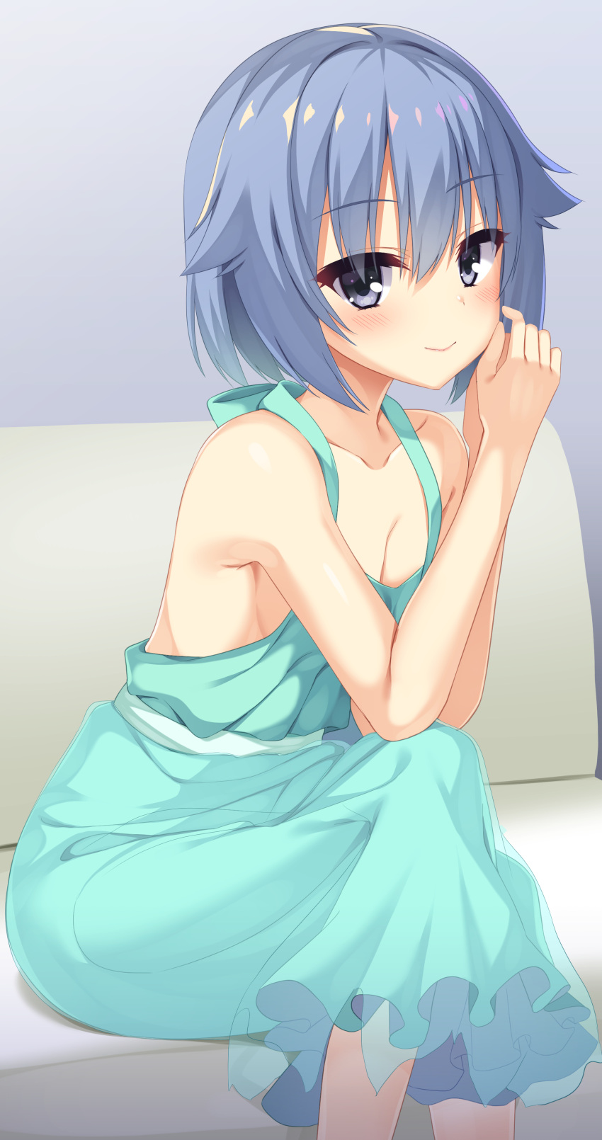 1boy absurdres aqua_dress aria. bare_arms bare_shoulders blue_hair blush cleavage_cutout closed_mouth clothing_cutout collarbone commentary_request couch crossed_legs dress elbows_on_knees eyelashes eyes_visible_through_hair feet_out_of_frame grey_background grey_eyes hair_between_eyes hands_up highres indoors lips long_dress looking_at_viewer medium_hair on_couch otoko_no_ko own_hands_together riddle_joker shiny_skin simple_background sitting smile solo suou_kyouhei