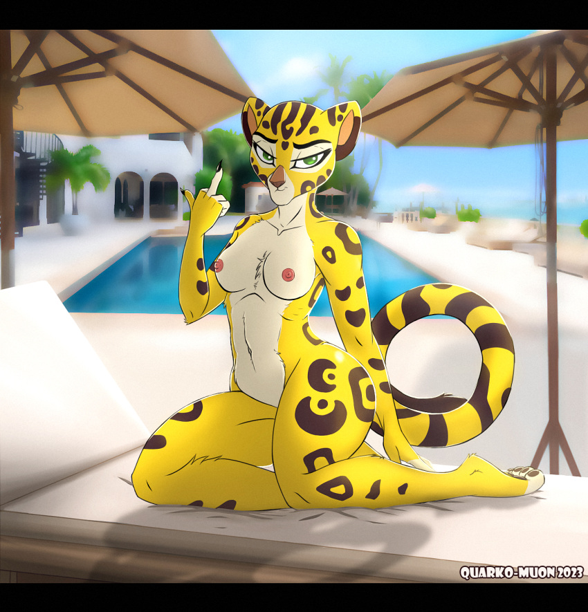 anthro breasts butt cheetah claws disney felid feline female fingers fuli fur gesture green_eyes hi_res looking_at_viewer mammal middle_finger nipples poolside quarko-muon solo spots spotted_body spotted_fur the_lion_guard the_lion_king thick_thighs white_body white_fur yellow_body yellow_fur