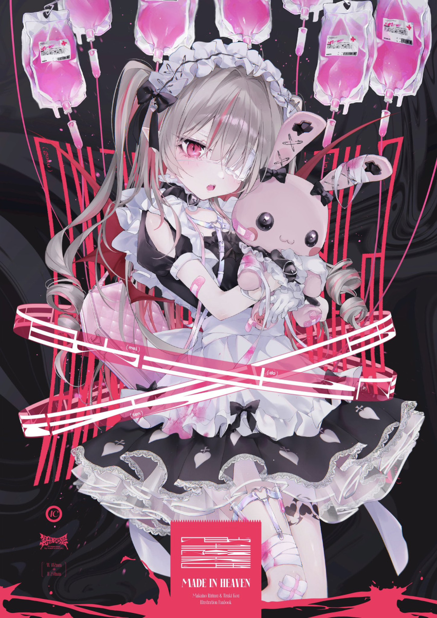 1girl apron bandages bandaid bandaid_on_arm black_choker black_dress blood blunt_bangs choker colored_inner_hair dress drill eyepatch fang frilled_apron frilled_dress frills gloves heart heart_choker highres holding holding_toy intravenous_drip jirai_kei maid_headdress makaino_ririmu multicolored_hair nijisanji pink_bag pink_blood pointy_ears red_eyes red_hair short_hair_with_long_locks si10ra slit_pupils solo stuffed_animal stuffed_rabbit stuffed_toy syringe thigh_strap toy virtual_youtuber waist_apron white_apron white_gloves wings