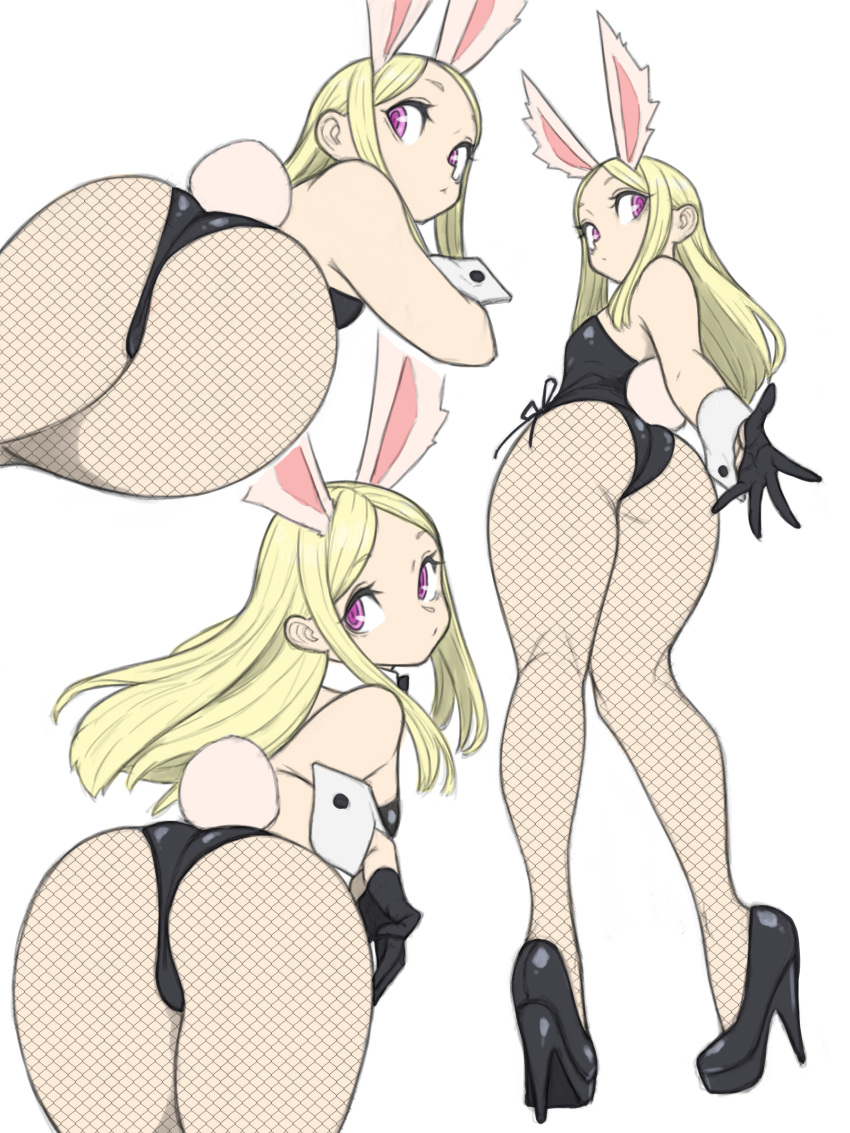 1girl absurdres animal_ears ass bare_shoulders black_footwear black_gloves blonde_hair elin expressionless fishnet_pantyhose fishnets from_behind gloves high_heels highres kneepits leaning_forward legs leotard long_hair looking_back lying multiple_views on_stomach pantyhose pink_eyes playboy_bunny rabbit_ears rabbit_girl rabbit_tail shoes strapless strapless_leotard tail tera_online thighs toshinoshin wrist_cuffs