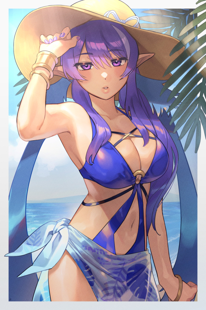 1girl absurdres blue_one-piece_swimsuit blue_sky bracelet breasts brown_headwear cloud commentary_request dark-skinned_female dark_skin day fingernails hat highres jewelry judith_(tales) large_breasts lips long_hair looking_at_viewer nail_polish ocean one-piece_swimsuit outdoors parted_lips pointy_ears purple_eyes purple_hair purple_nails sky solo swimsuit tales_of_(series) tales_of_the_rays tan ubo_(ubo_tales)