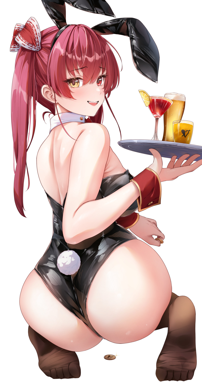 1girl absurdres alcohol animal_ears ass back bare_shoulders black_leotard blush bow bowtie breasts coin commentary_request cup detached_collar drink drinking_glass fake_animal_ears fake_tail feet food from_behind fruit gold_coin hair_between_eyes heterochromia highres holding holding_coin holding_tray hololive houshou_marine iroha_(unyun) large_breasts leotard long_hair looking_at_viewer looking_back median_furrow no_shoes open_mouth playboy_bunny rabbit_ears rabbit_tail red_bow red_bowtie red_eyes red_hair smile soles solo strapless strapless_leotard tail toes transparent_background tray twintails virtual_youtuber wrist_cuffs yellow_eyes