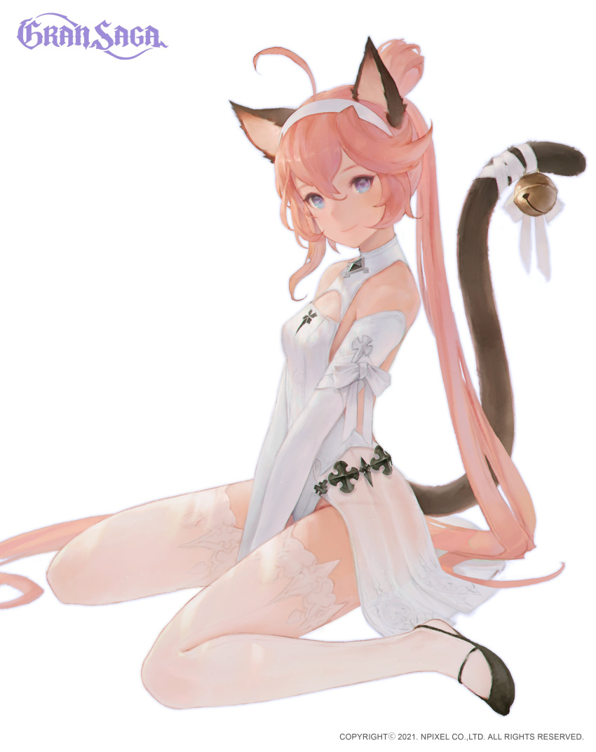 1girl 2021 absurdres ahoge animal_ears bell between_legs black_footwear black_tail blue_eyes breasts cat_ears cat_girl cat_tail closed_mouth commentary copyright copyright_name dress elbow_gloves english_commentary full_body gloves gran_saga hair_between_eyes hairband hand_between_legs highres jingle_bell long_hair looking_at_viewer official_art pink_hair ponytail ribbon simple_background sitting small_breasts smile solo tail tail_bell tail_ornament tail_ribbon thighhighs very_long_hair wariza wave_61 white_background white_dress white_gloves white_hairband white_ribbon white_thighhighs