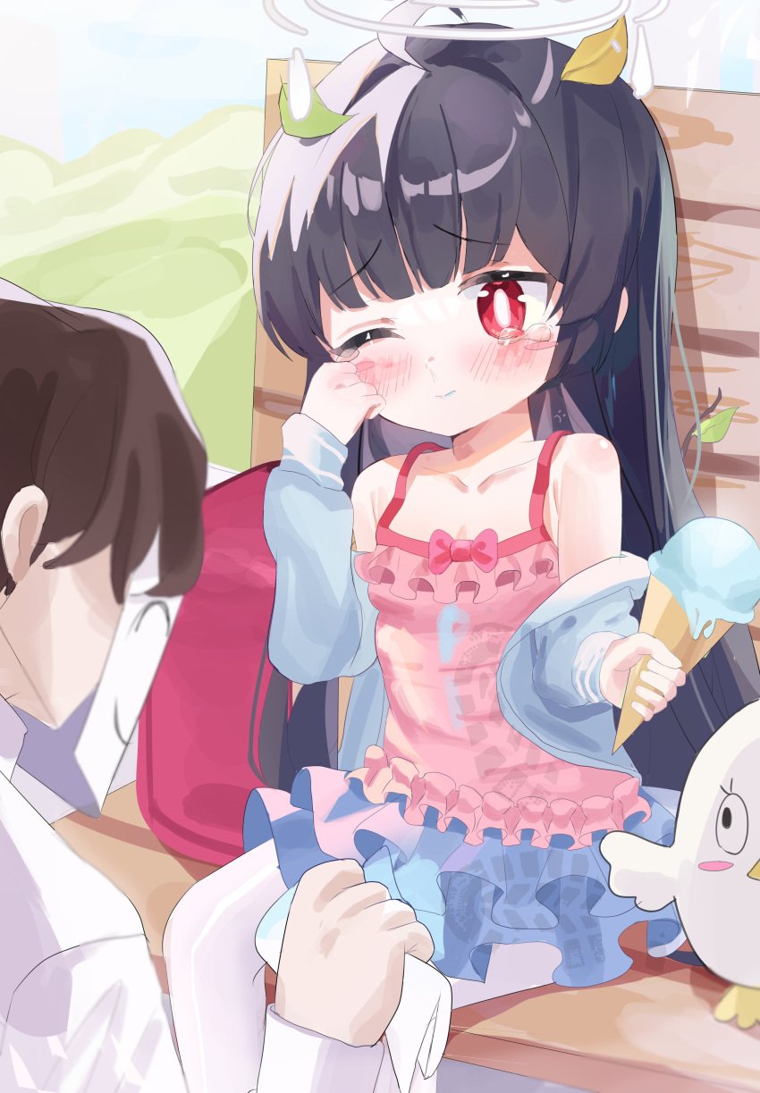 1boy 1girl absurdres bench black_hair blue_archive blush food halo highres ice_cream leaf long_hair miyu_(blue_archive) one_eye_closed peroro_(blue_archive) red_eyes sensei_(blue_archive) sitting tearing_up tears wellski wiping wiping_tears