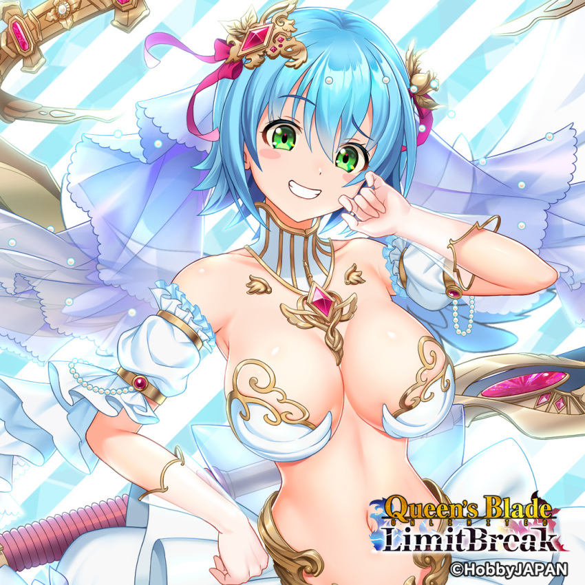 1girl armor bare_shoulders blue_hair bracelet breasts company_name copyright_name copyright_notice detached_sleeves gloves green_eyes grin hair_between_eyes hair_ornament hand_on_own_hip jewelry large_breasts logo looking_at_viewer nanael_(queen's_blade) navel official_art queen's_blade queen's_blade_limit_break revealing_clothes short_hair smile solo stomach teeth transparent_gloves weapon