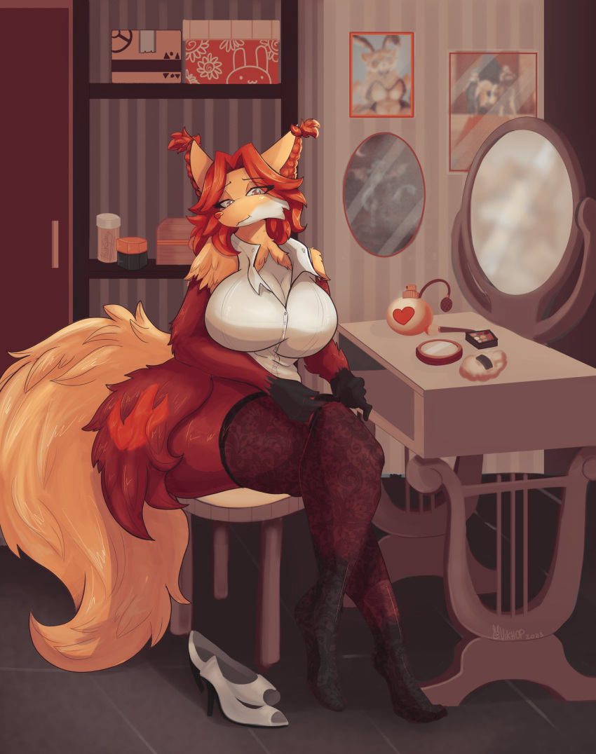 anthro big_breasts breasts clothing delphox female footwear generation_6_pokemon hi_res legwear mirror nintendo pokemon pokemon_(species) shoes solo thick_thighs thigh_highs vikhop