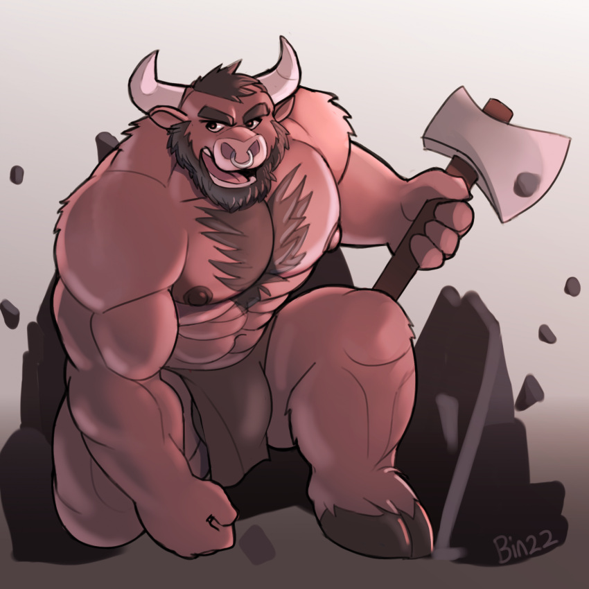 abs anthro axe beard bin_(artist) body_hair bottomwear bovid bovine bulge cattle chest_hair chest_tuft clothing european_mythology facial_hair facial_piercing greek_mythology hi_res hooves horn kneeling loincloth male mammal minotaur muscular muscular_male mythology nipples nose_piercing nose_ring piercing ring_piercing solo tuft