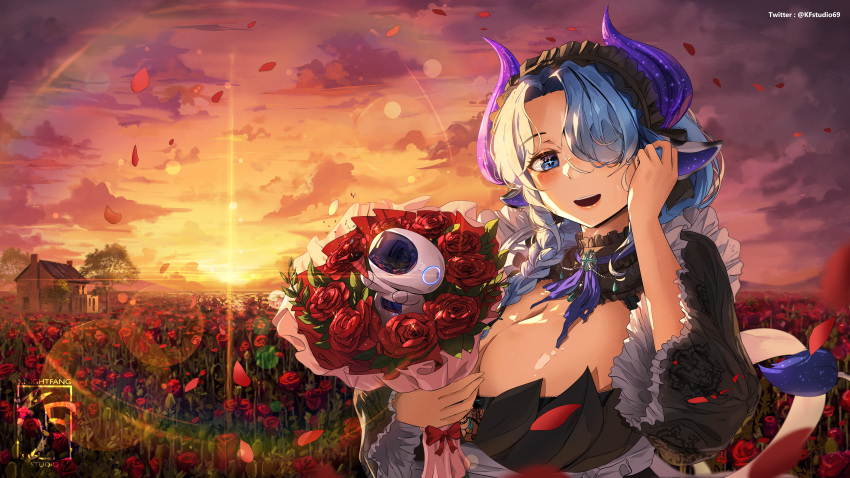 1girl absurdres animal_ears artist_logo black_collar black_dress blue_hair bouquet bow braid breasts building cleavage cloud collar commission confetti cow_ears cow_girl cow_horns cow_tail dress dusk falling_petals field flower flower_field hair_over_one_eye highres horns house indie_virtual_youtuber knightfang large_breasts maid_headdress miilkywayz neck_ribbon open_mouth party_popper petals purple_ribbon red_bow red_flower red_petals red_rose ribbon robot rose sky solo sparkling_eyes sunset tail tree twitter_username upper_body virtual_youtuber wide_sleeves