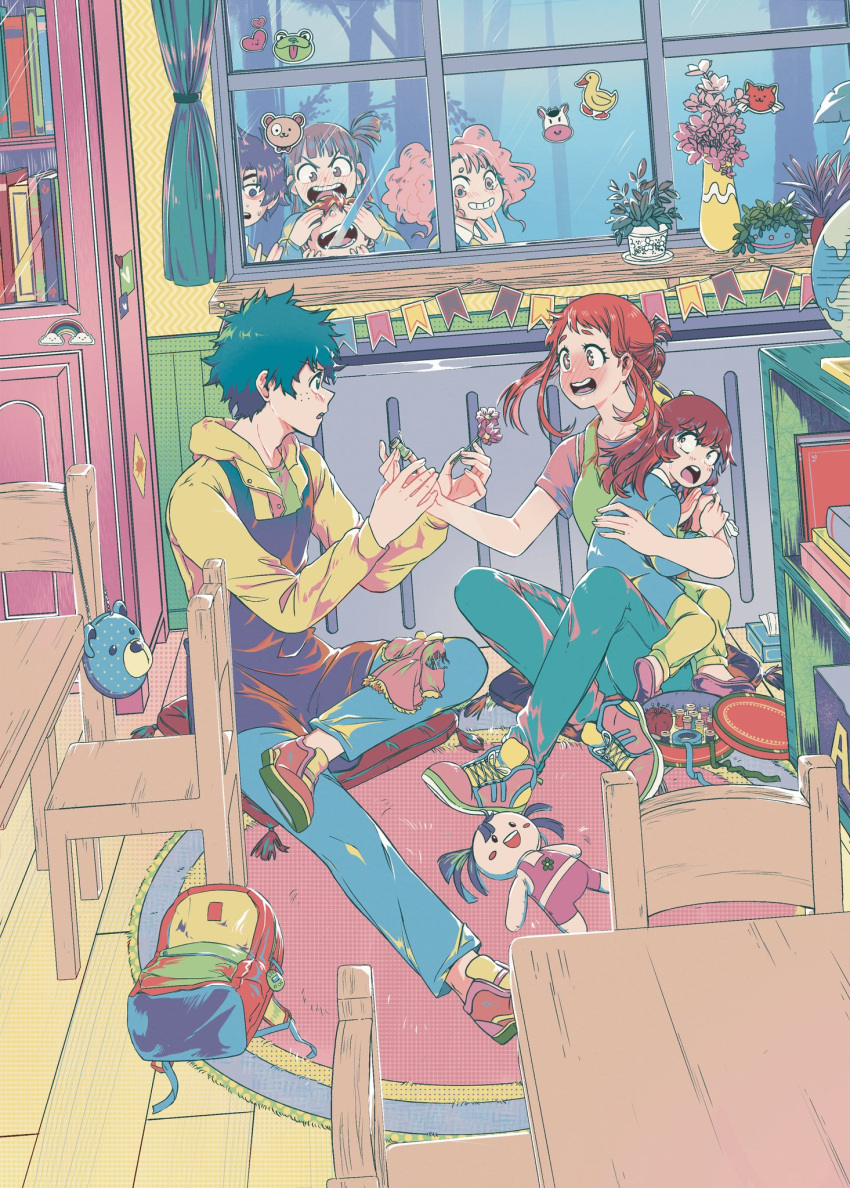 1girl animal_bag babysitter bag bear_bag boku_no_hero_academia brown_eyes brown_hair chair flower green_eyes green_hair highres holding holding_flower kindergarten kindergarten_uniform loritoart midoriya_izuku open_mouth pink_flower pink_shirt school_bag school_chair shirt short_hair simple_background the_lovers_(tarot) toy uraraka_ochako white_shirt window yellow_shirt