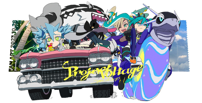 aqua_eyes aqua_hair black_bow black_gloves bow car claws dark_miku_(project_voltage) dragon_miku_(project_voltage) driving electric_miku_(project_voltage) fangs gloves green_hair hat hat_bow hatsune_miku highres ice_hair ice_miku_(project_voltage) lapras long_hair luxury_ball miraidon motor_vehicle multicolored_hair obstagoon one_eye_closed poke_ball pokemon pokemon_(creature) project_voltage red_eyes riding riding_pokemon rotom rotom_(normal) siirakannu smile spiked_hair twintails two-tone_hair very_long_hair vocaloid