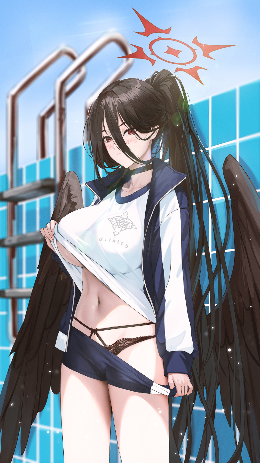 1girl absurdres black_choker black_hair black_panties black_wings blue_archive blue_jacket blue_shorts blue_sky blurry blurry_background blush breasts choker clear_sky clothes_lift clothes_pull clothes_writing commentary cowboy_shot day empty_pool feathered_wings fieryonion gym_shirt gym_shorts gym_uniform hair_between_eyes halo hasumi_(blue_archive) hasumi_(track)_(blue_archive) highres jacket large_breasts large_wings lifted_by_self light_smile long_hair long_sleeves looking_at_viewer low_wings mole mole_on_collarbone mole_under_eye navel official_alternate_costume open_clothes open_jacket outdoors panties ponytail pool red_eyes red_halo shirt shirt_lift shorts shorts_pull sky solo track_jacket underwear very_long_hair white_shirt wings
