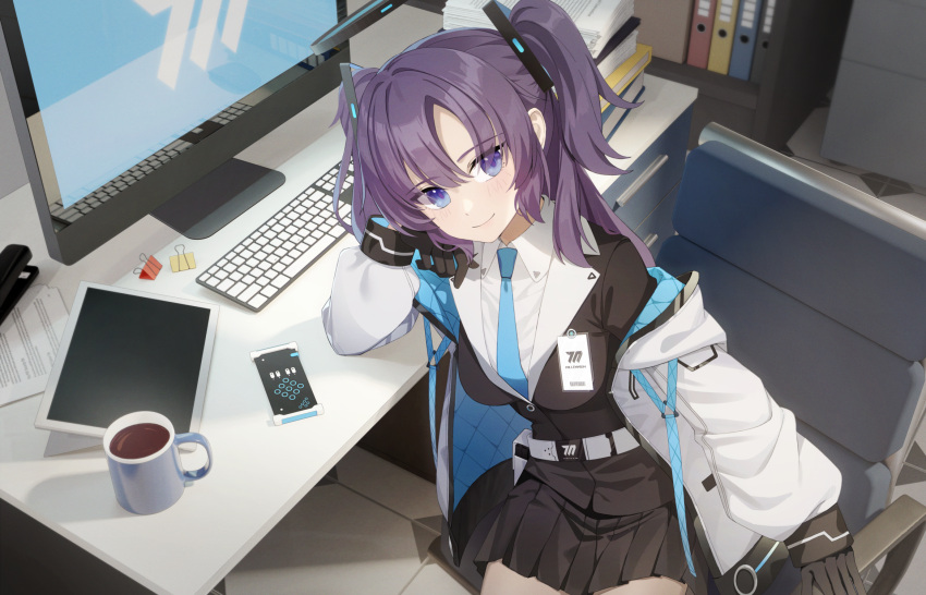 1girl black_gloves black_skirt blue_archive blue_eyes blue_necktie blush breasts chair chou_xxx closed_mouth coffee collared_shirt cup gloves halo highres id_card jacket keyboard_(computer) long_hair long_sleeves looking_at_viewer mechanical_halo medium_breasts monitor necktie pleated_skirt purple_hair shirt sitting skirt smile solo two-sided_fabric two-sided_jacket two_side_up white_shirt yuuka_(blue_archive)