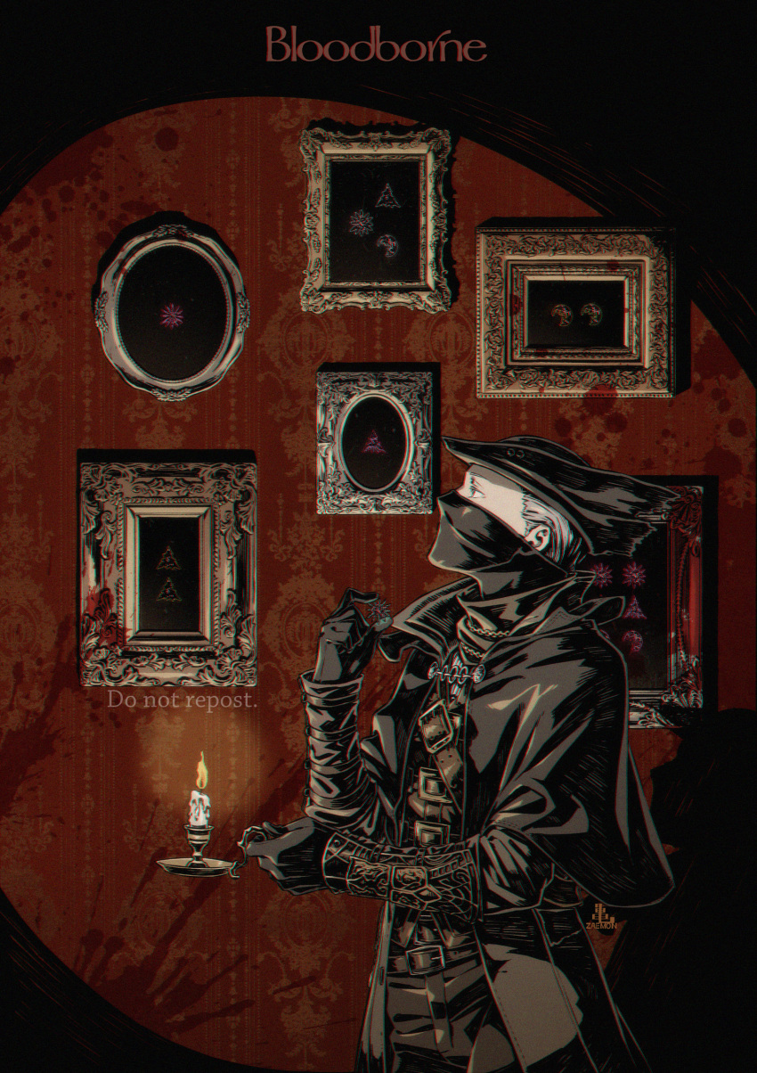 1boy bloodborne brown_capelet brown_gloves brown_jacket brown_pants candle candlelight capelet fire flame from_side gloves grey_hair hand_up hat highres holding holding_candle hunter_(bloodborne) jacket kamezaemon looking_up mask mouth_mask pants photo_(object) profile short_hair solo tricorne