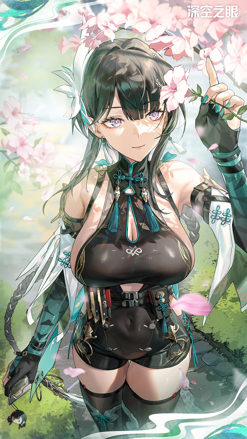 1girl aether_gazer aqua_nails arm_up armpits artist_request bare_shoulders black_gloves black_hair black_leotard black_thighhighs blue_eyes blurry breasts bright_pupils cleavage cleavage_cutout closed_mouth clothing_cutout covered_navel cowboy_shot depth_of_field detached_sleeves elbow_gloves flower gloves hair_ornament highres hip_vent holding holding_flower large_breasts leotard long_hair looking_up nail_polish official_art partially_fingerless_gloves pink_flower short_sleeves sideboob smile solo strap thigh_gap thighhighs thighs turtleneck underboob_cutout ying_zhao_(aether_gazer)