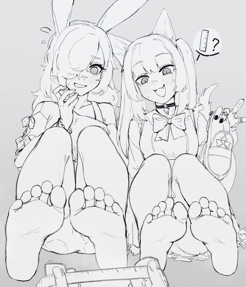 1other 2girls absurdres animal_ears barefoot blush bow bowtie breasts choker embarrassed eyelashes fang feet foot_focus foreshortening frilled_sleeves frills full_body greyscale hair_over_one_eye hand_up highres holding jewelry k-rha's knees_up long_sleeves measuring monochrome multiple_girls nail_polish open_mouth original pov rabbit_ears ring ringed_eyes shoes shoes_removed sidelocks sitting sketch slit_pupils soles sweatdrop tail tape_measure toes