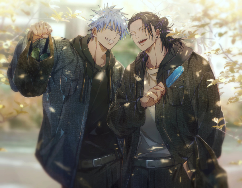 2boys bag belt black_hair black_hoodie black_jacket black_pants blurry blurry_background closed_eyes cowboy_shot ear_piercing food getou_suguru hair_bun hand_in_pocket highres holding holding_bag holding_food holding_popsicle hood hoodie jacket jacket_over_hoodie jujutsu_kaisen leaf long_hair long_sleeves male_focus medium_hair multiple_boys open_mouth pants piercing popsicle short_hair smile teeth tree_shade white_hair white_hoodie yoon_(dmsco1803)