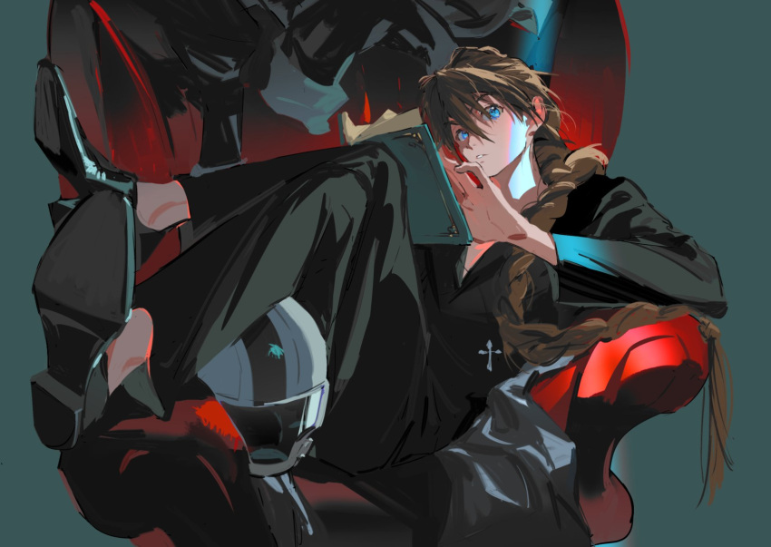 1boy alternate_costume atie1225 blue_eyes book braid brown_hair couch cross duo_maxwell gundam gundam_wing headwear_removed helmet helmet_removed highres long_hair male_focus motorcycle_helmet reading single_braid sitting solo