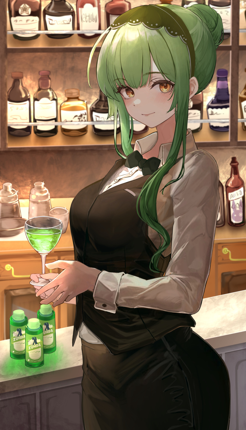 1girl absurdres alternate_costume asaikeu bar_(place) bartender black_bow black_bowtie black_skirt black_vest blush bottle bow bowtie breasts cup green_hair hair_bun highres holding holding_cup indoors light_smile long_sleeves looking_at_viewer medium_breasts shirt sidelocks single_hair_bun skirt solo touhoku_zunko vest voiceroid white_shirt wrist_cuffs