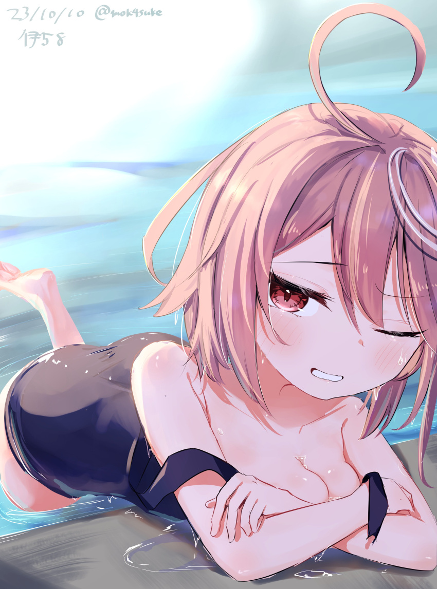 1girl absurdres ahoge ass blush breasts character_name cleavage dated hair_ornament highres i-58_(kancolle) kantai_collection looking_at_viewer mok4suke one-piece_swimsuit one_eye_closed pink_eyes pink_hair pool sailor_collar school_swimsuit short_hair small_breasts smile solo swimsuit torn_clothes torn_swimsuit twitter_username water
