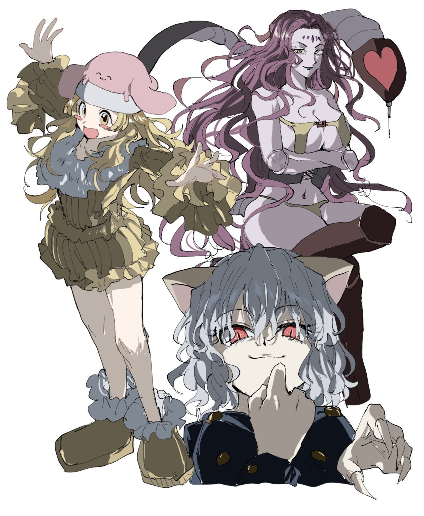 1other 2girls androgynous animal_ears arthropod_girl bare_shoulders blonde_hair cat_ears cat_tail chimera_ant crossed_legs curly_hair dress fingernails full_body heart heart_print highres hina_(hunter_x_hunter) hunter_x_hunter joints kasukasugom1 long_hair long_sleeves looking_at_viewer monster_girl multiple_girls neferpitou pink_hair red_eyes scorpion_girl scorpion_tail sharp_fingernails simple_background sitting slit_pupils smile solo tail white_background white_hair yellow_dress yellow_eyes zazan_(hunter_x_hunter)