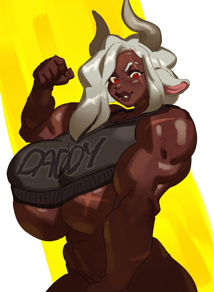 anthro bottomless bovid bovine clothed clothing female flexing hair hi_res horn mammal muscular muscular_female queervanire red_eyes scar solo white_hair