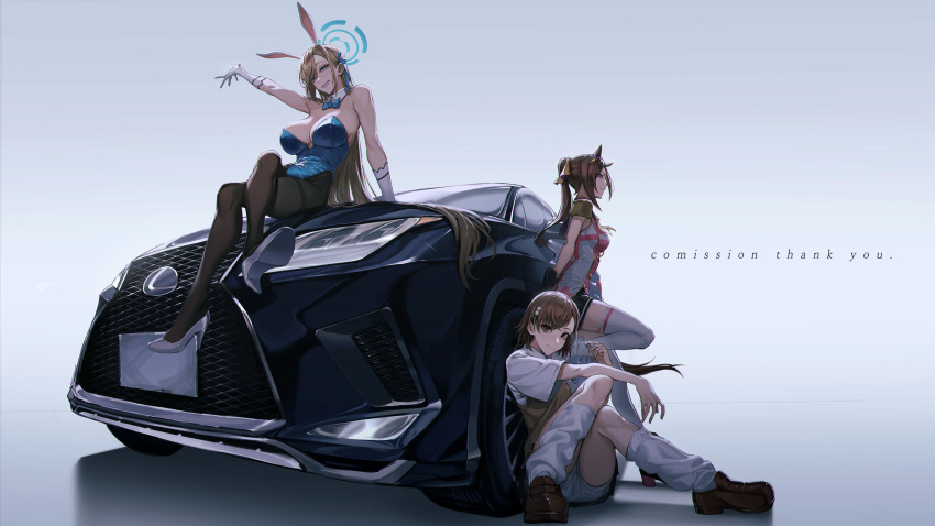 3girls animal_ears arm_support asuna_(blue_archive) asuna_(bunny)_(blue_archive) bike_shorts blonde_hair blue_archive blue_bow blue_eyes blue_leotard bow breasts brown_eyes brown_hair car cardigan character_request check_character crossed_legs detached_collar epaulettes foreshortening gloves halo high_heels highres knees_together_feet_apart large_breasts leaning_against_vehicle leotard loose_socks misaka_mikoto motor_vehicle multiple_girls namahamu913 outstretched_arm pantyhose playboy_bunny ponytail rabbit_ears sakura_bakushin_o_(umamusume) school_uniform simple_background sitting smile socks thighhighs white_background white_gloves white_thighhighs