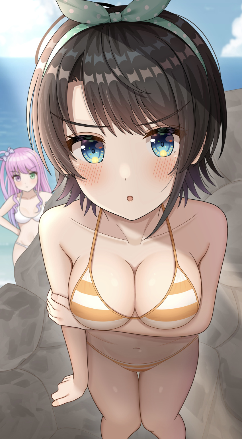 2girls :o absurdres aqua_hairband arm_under_breasts bare_arms bare_shoulders bikini black_hair blue_eyes blush bow bow_hairband breasts collarbone commentary_request day feet_out_of_frame fingernails green_eyes hair_bow hairband halterneck heterochromia highres himemori_luna hisui_(user_zvkr2432) holding_own_arm hololive light_rays long_hair looking_at_viewer medium_breasts multiple_girls navel ocean official_alternate_costume oozora_subaru oozora_subaru_(3rd_costume) orange_bikini outdoors parted_lips pink_hair polka_dot polka_dot_hairband polka_dot_ribbon purple_eyes ribbon short_hair solo_focus standing stomach striped striped_bikini sunbeam sunlight swimsuit thigh_gap v-shaped_eyebrows virtual_youtuber white_bikini yellow_bikini