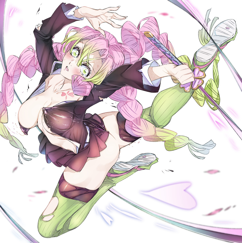 1girl :d absurdres arched_back arms_up belt black_jacket black_skirt blush braid breasts center_opening cleavage coat collared_shirt covered_nipples demon_slayer_uniform dress_shirt fingernails full_body gradient_hair green_eyes green_hair green_thighhighs haori highres holding holding_sword holding_weapon impossible_clothes jacket japanese_clothes jumping kanroji_mitsuri katana kimetsu_no_yaiba large_breasts long_hair long_sleeves looking_at_viewer miniskirt mole mole_under_eye motion_blur multicolored_hair multiple_braids niko_(tama) open_mouth partially_unbuttoned petals pink_hair pinky_out pleated_skirt revealing_clothes ribbed_legwear ribbed_thighhighs scabbard sheath shirt shoe_soles simple_background skin_tight skirt smile solo sweat sword thighhighs tri_braids two-tone_hair unsheathed upside-down very_long_hair weapon whip_sword white_background white_belt white_coat white_shirt wide_sleeves zouri