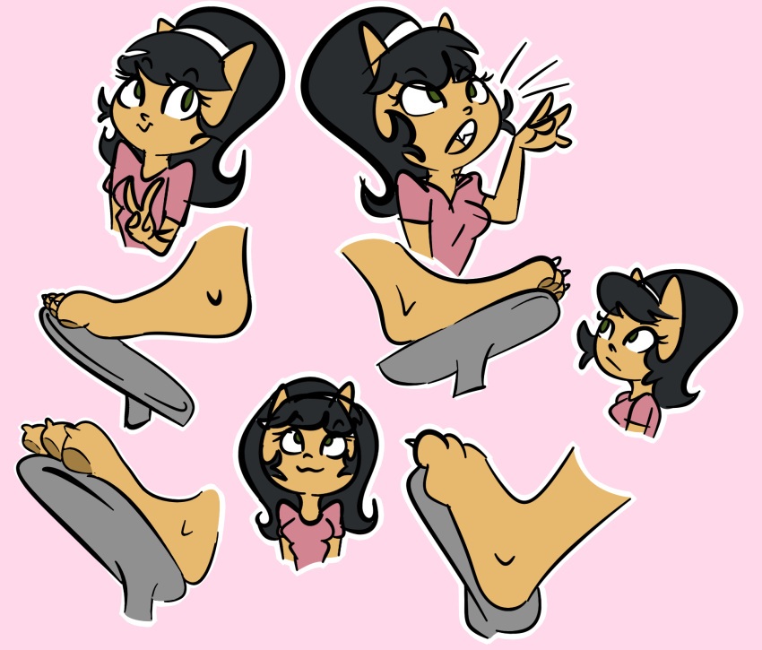 2023 anthro black_hair clothed clothing digital_drawing_(artwork) digital_media_(artwork) domestic_cat feet felid feline felis female fur gold-white-kott hair hi_res kitty_katswell mammal nickelodeon open_mouth pawpads pedal_pumping pink_background simple_background solo t.u.f.f._puppy tan_body tan_fur