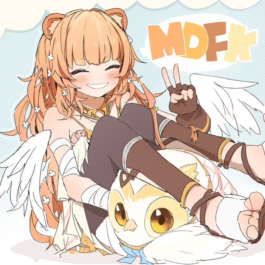 1girl acronym auroralive bird brown_gloves brown_hair closed_eyes esu_(transc) fingerless_gloves finni_rabbi flower gloves grin hair_flower hair_ornament happy long_hair owl sandals smile solo speech_bubble thighhighs toeless_legwear v virtual_youtuber white_flower white_wings wings