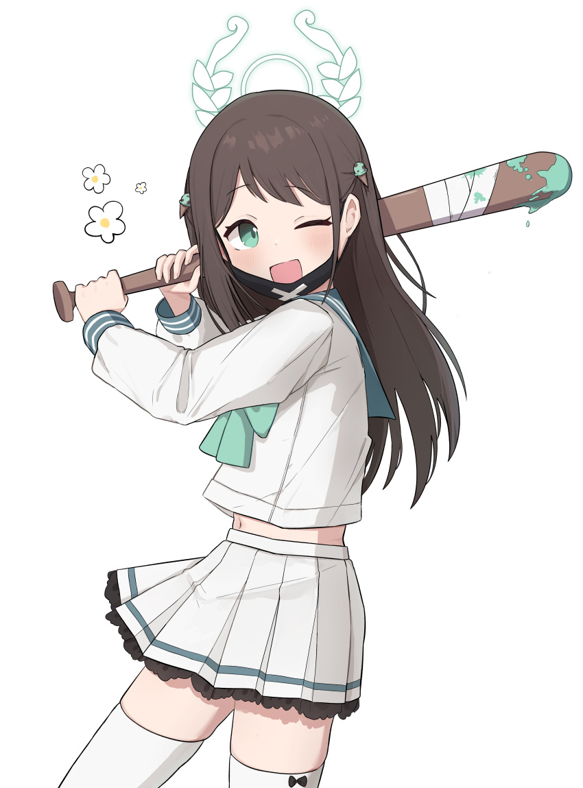 1girl absurdres airi_(blue_archive) bangs baseball_bat blood blood_on_weapon blue_archive brown_hair flower food-themed_hair_ornament green_blood green_eyes hair_ornament halo highres holding holding_baseball_bat ice_cream_hair_ornament long_hair long_sleeves looking_to_the_side mask mask_pull midriff mouth_mask navel one_eye_closed open_mouth patanda pleated_skirt school_uniform serafuku skirt smile solo thighhighs weapon